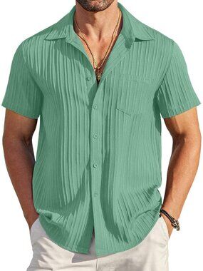 Men's Gray Green Short Sleeve Textured Summer Collared Casual Button Down Shirts